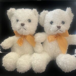 White Stuffed Teddy Bears with Orange Bows